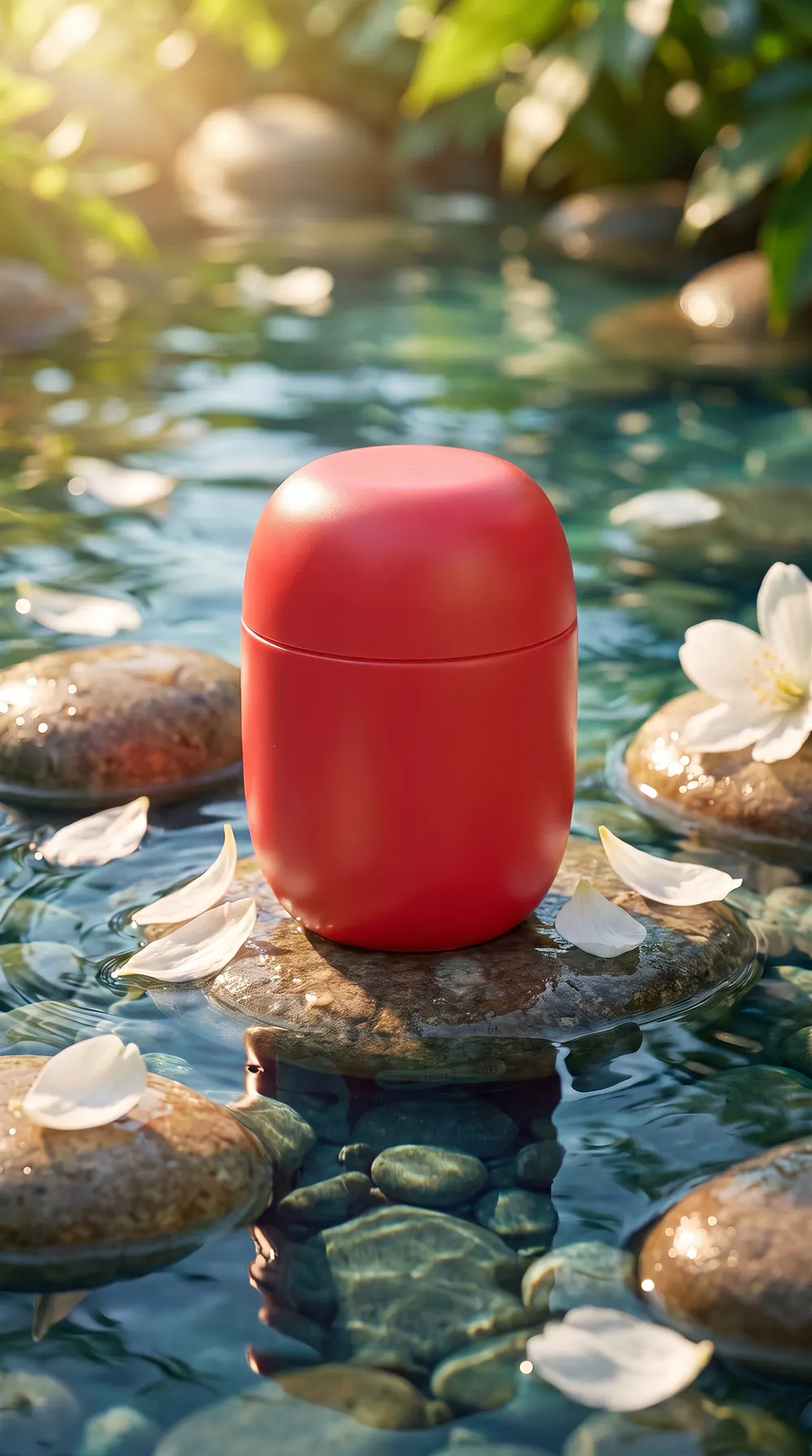 Unbranded red capsule package staged over reflective water and white petals